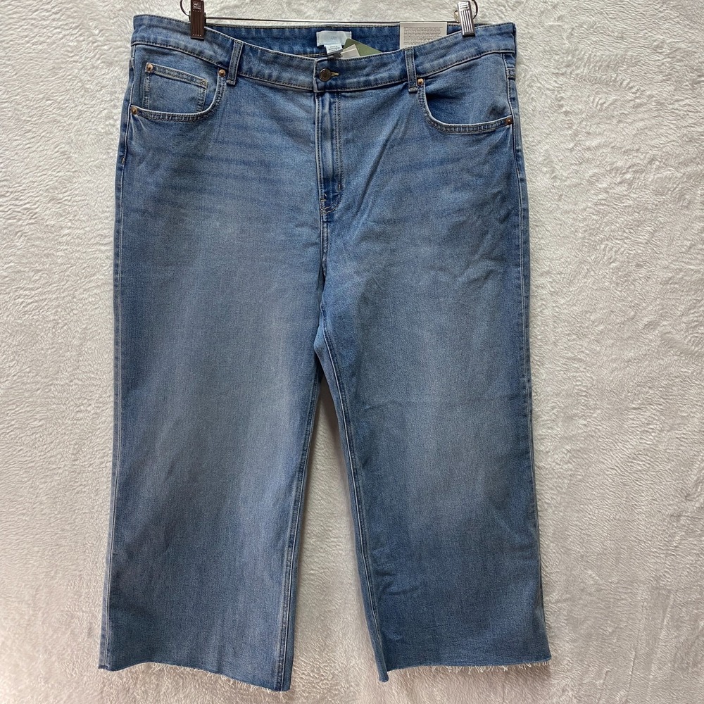 H&M Wide Leg Crop Jeans Women 20 Blue Denim Cotton Stretch High Waist Frayed Hem